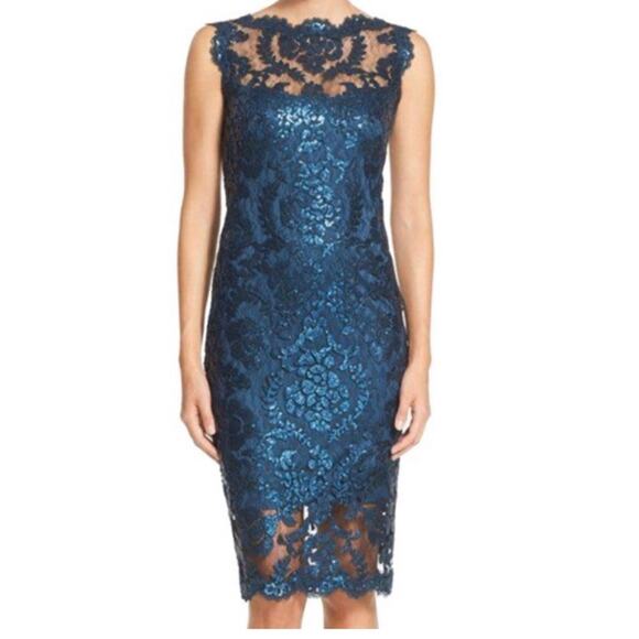 Tadashi Shoji Teal Sequin Illusion Sheath Knee Length Pailette Cocktail Dress 8 - Picture 1 of 13